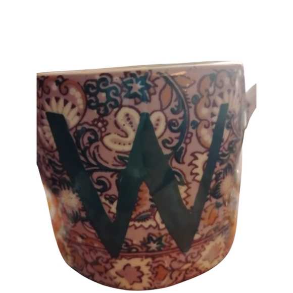 Anthropologie Initial "W" Mug Paisley Floral Thumb Rest Factory Distress Design - Picture 2 of 10